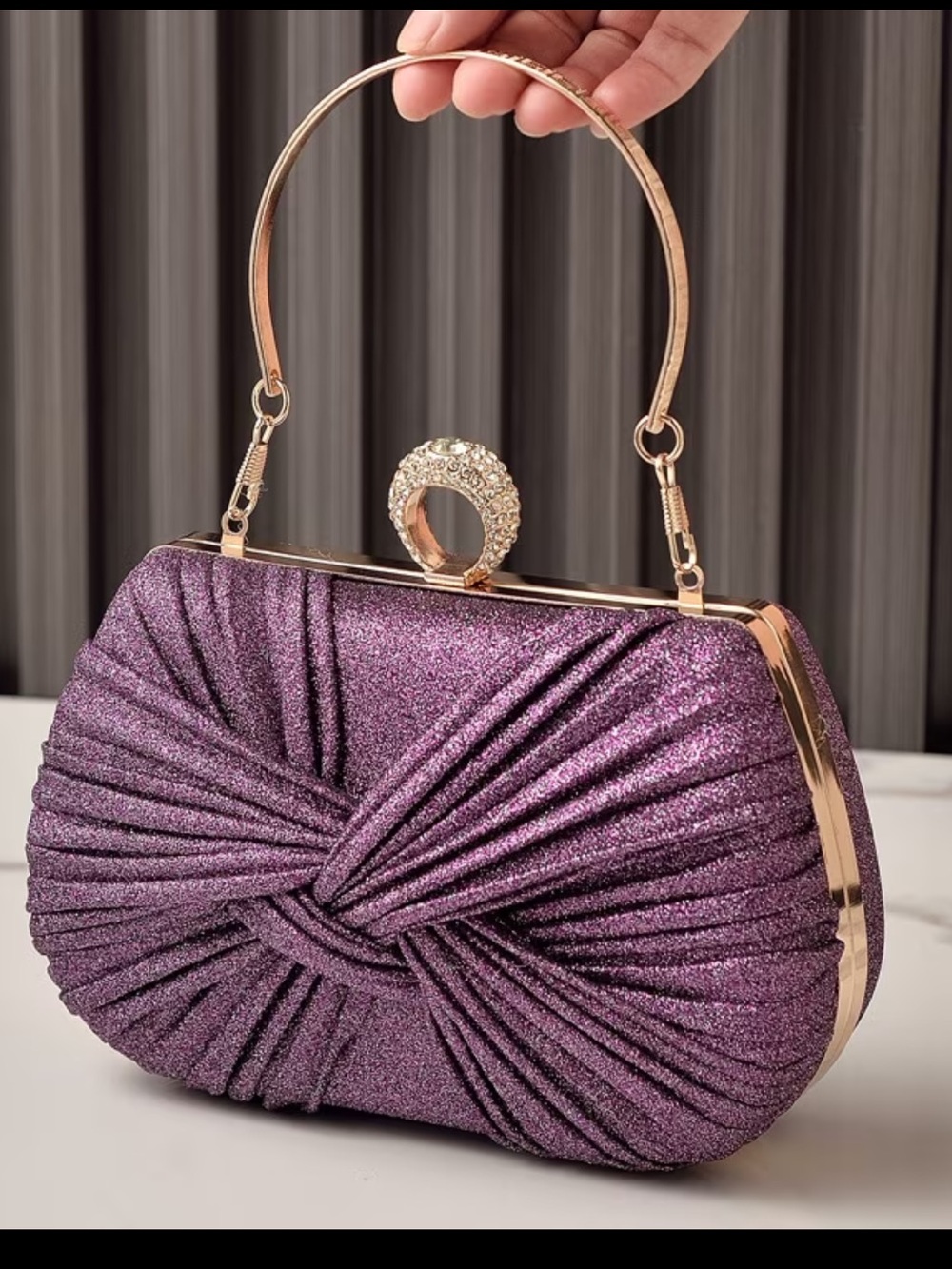 New Elegant Purple Glitter Knotted Evening Clutch with Crystal Ring Handle